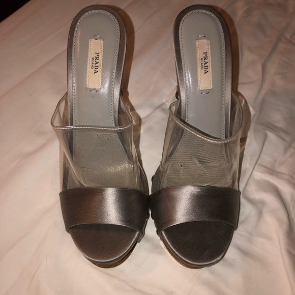 SOLD RARE Vintage Prada Silk Lucite Clear Heels - Picture 2 of 8